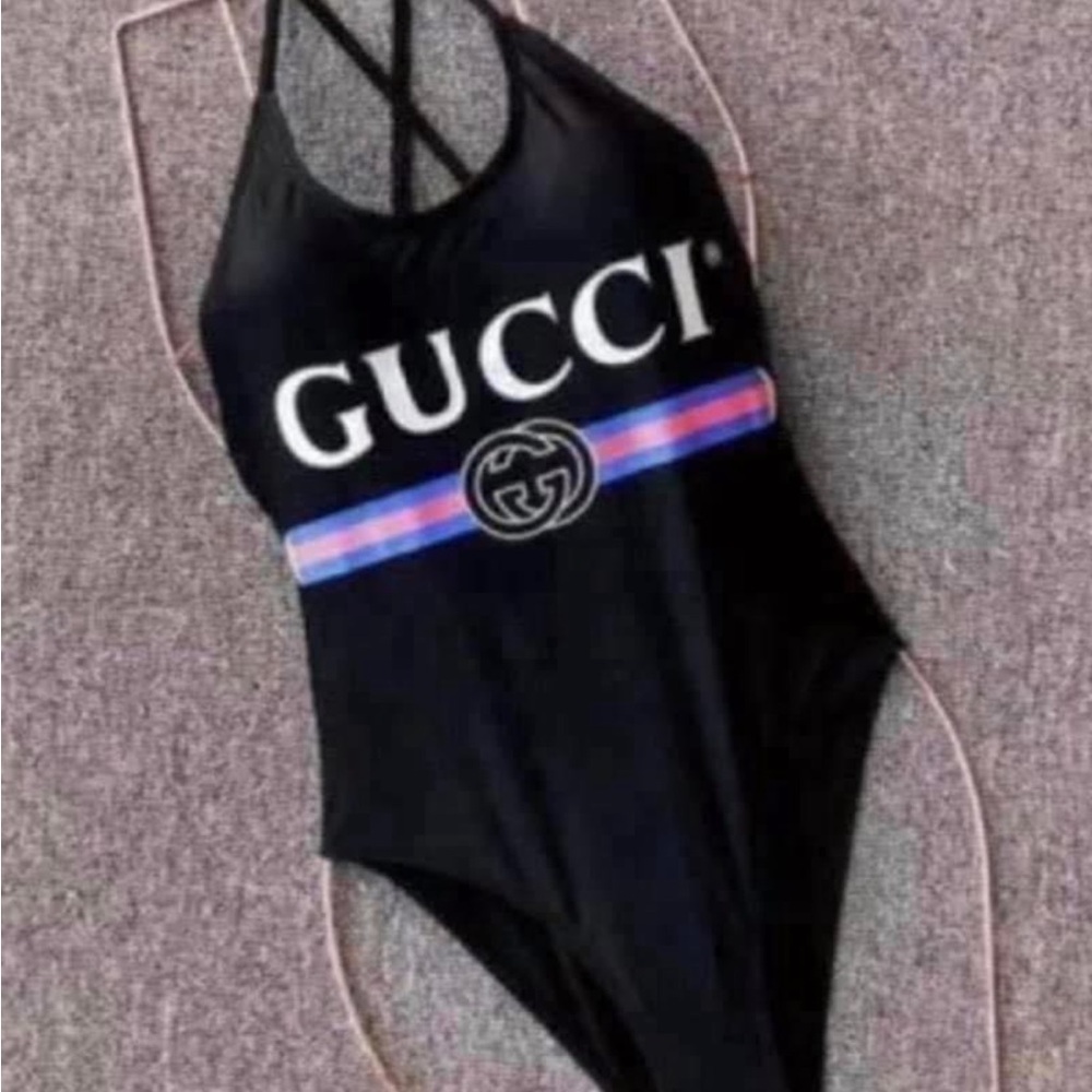 Gucci Black One-Piece with Logo and Stripe